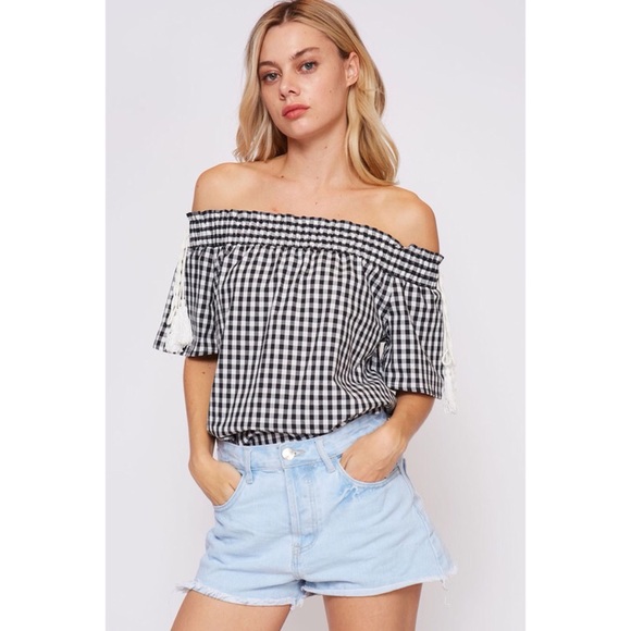 LAST ONE! Off Shoulder Gingham Print Top - Picture 3 of 3